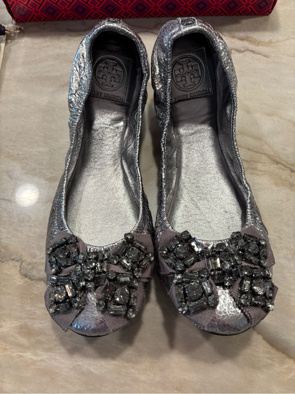 Tory Burch Azalea Silver Jeweled Ballet Flats
